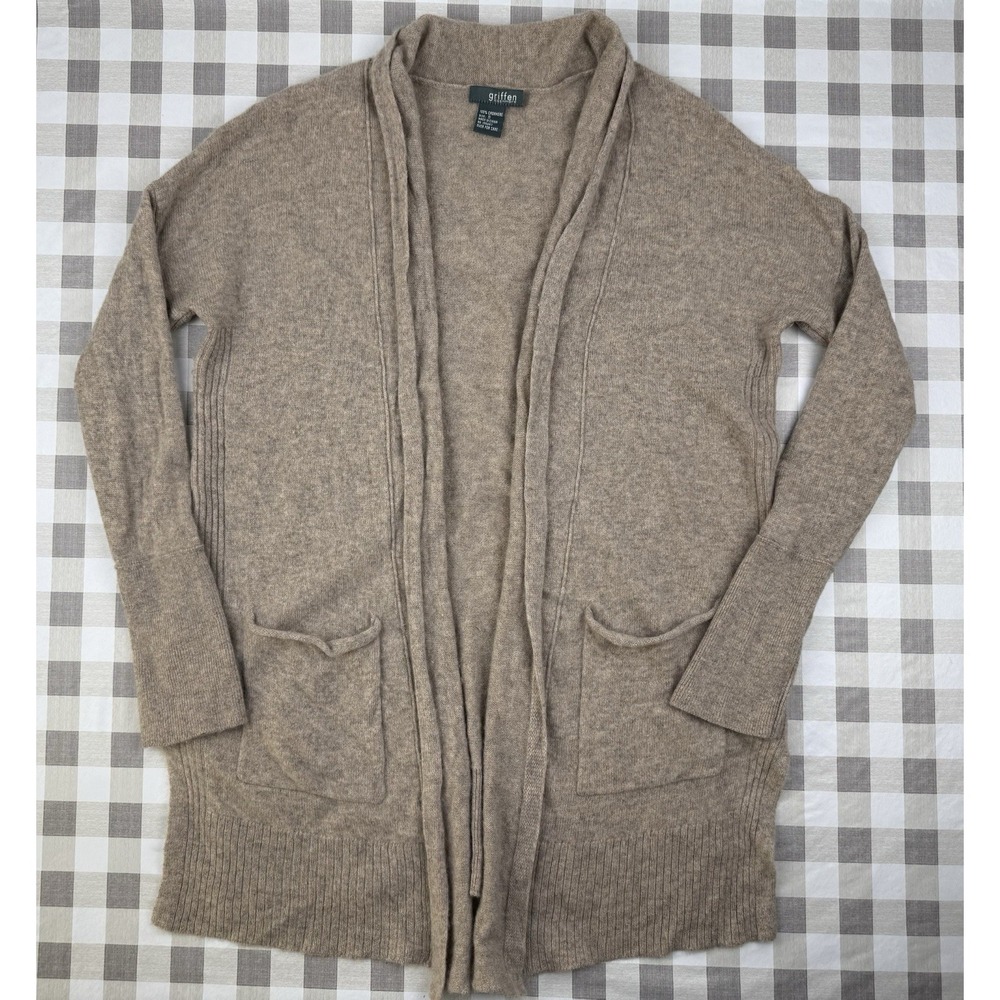 Griffen Cashmere‎ Cardigan S Tan Open Front Long Cozy Luxury